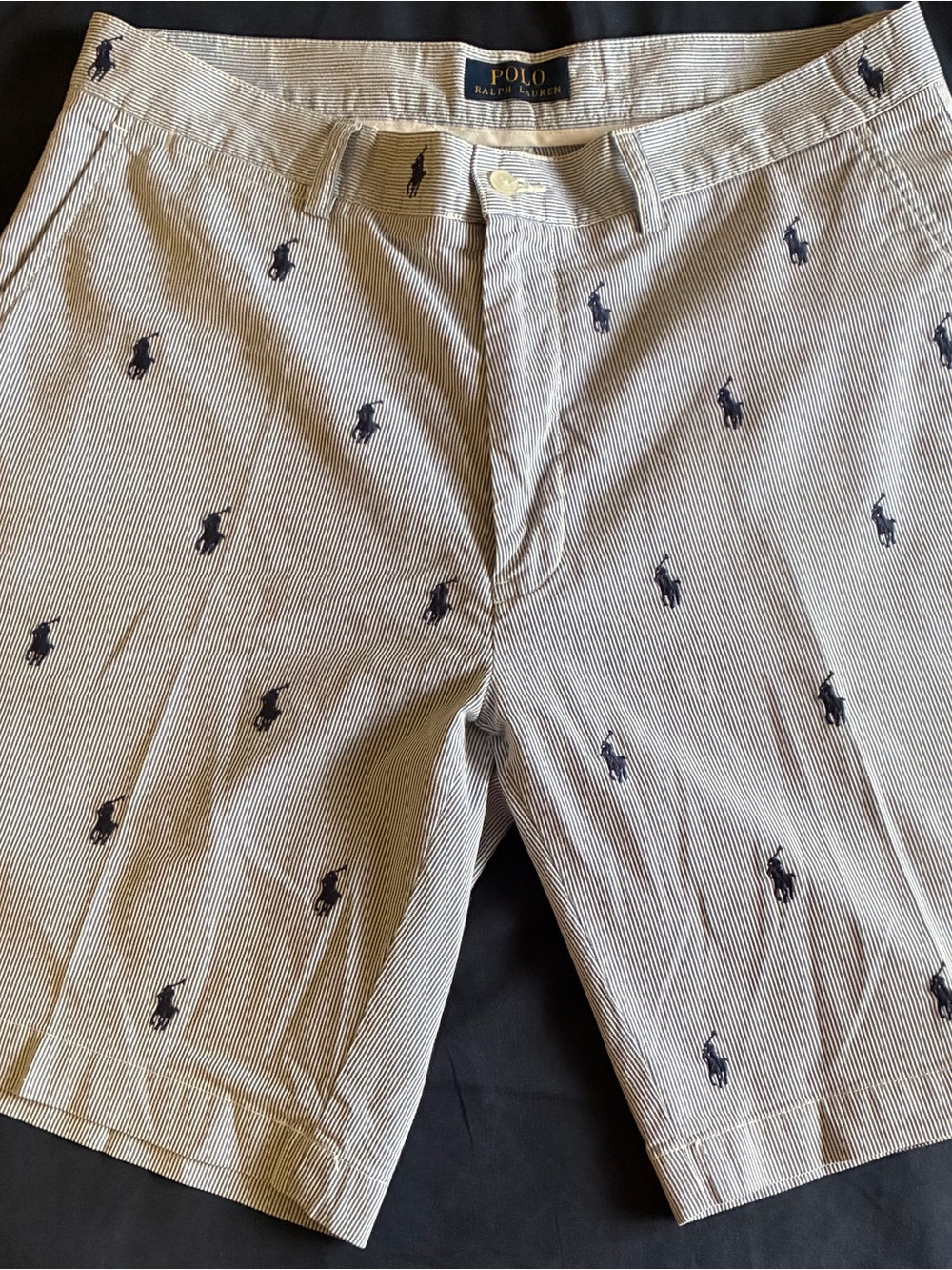Ralph Lauren Navy Pony Embroidered Seersucker Flat-Front Shorts